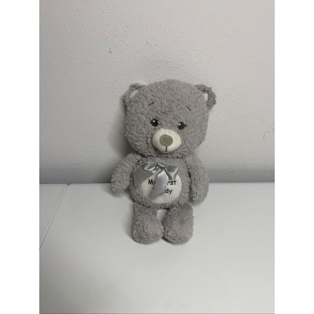 KellyToy My First Teddy Bear Plush Gray Rattle Teddy Bear Lovey 13”